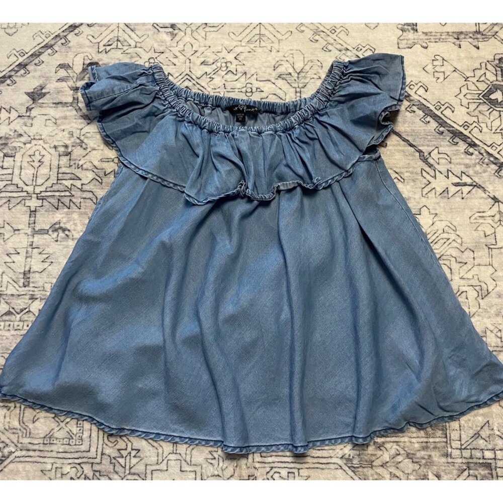 Velvet Heart Blue Denim Off-Shoulder Ruffle Top Womens Size Medium Cottagecore